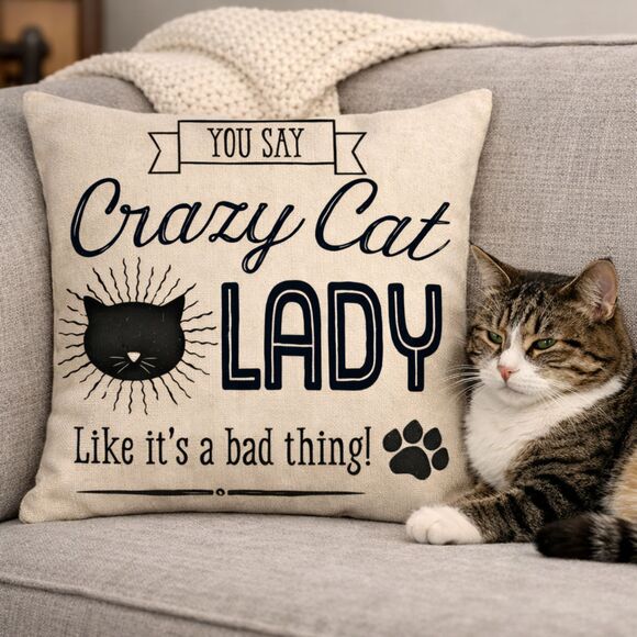 unbranded Other - You Say Crazy Cat Lady Like Its a Bad Thing NEW Pillow Cover Beige Linen